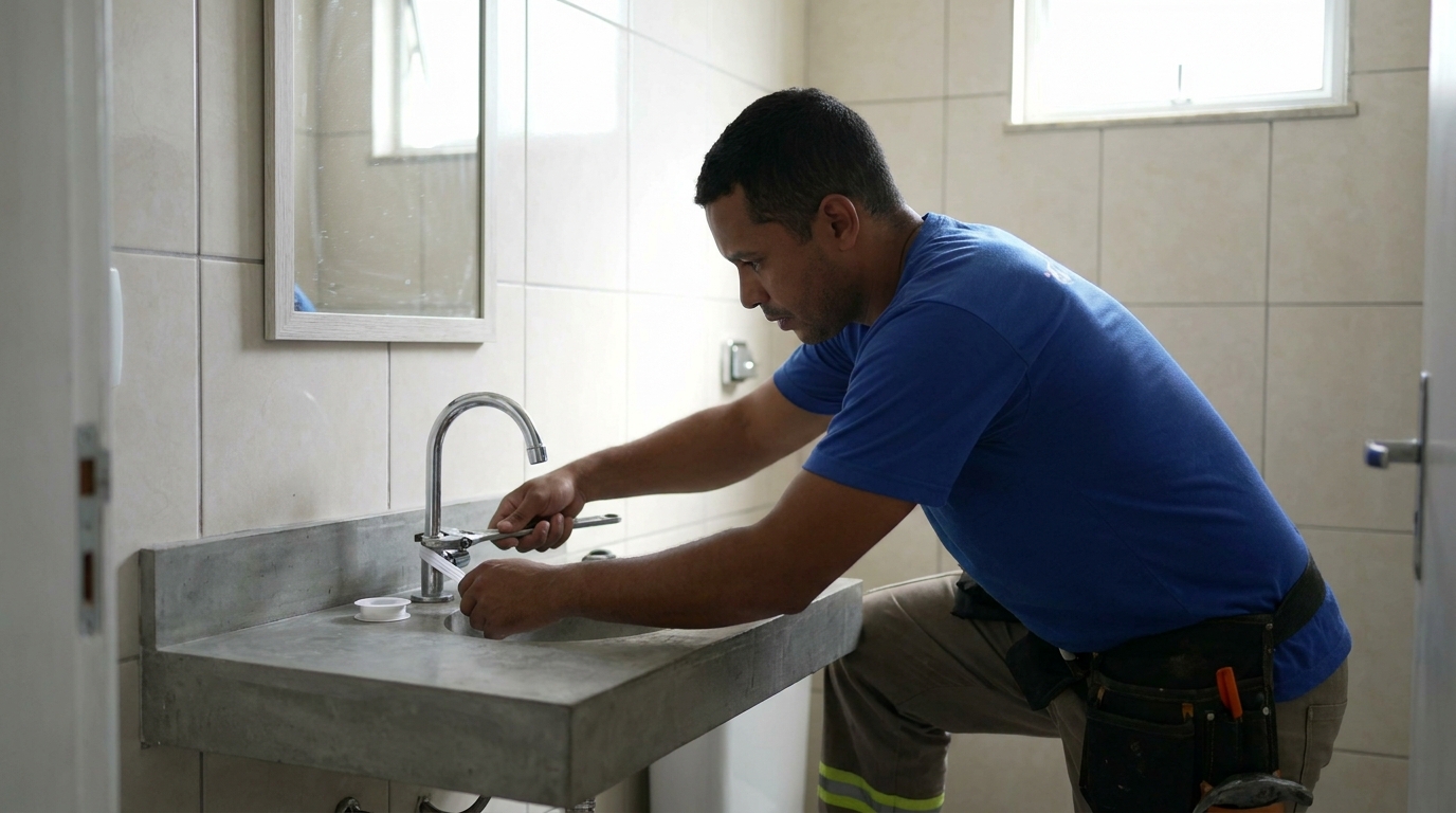 Encanador instalando torneira em Brasília‑DF