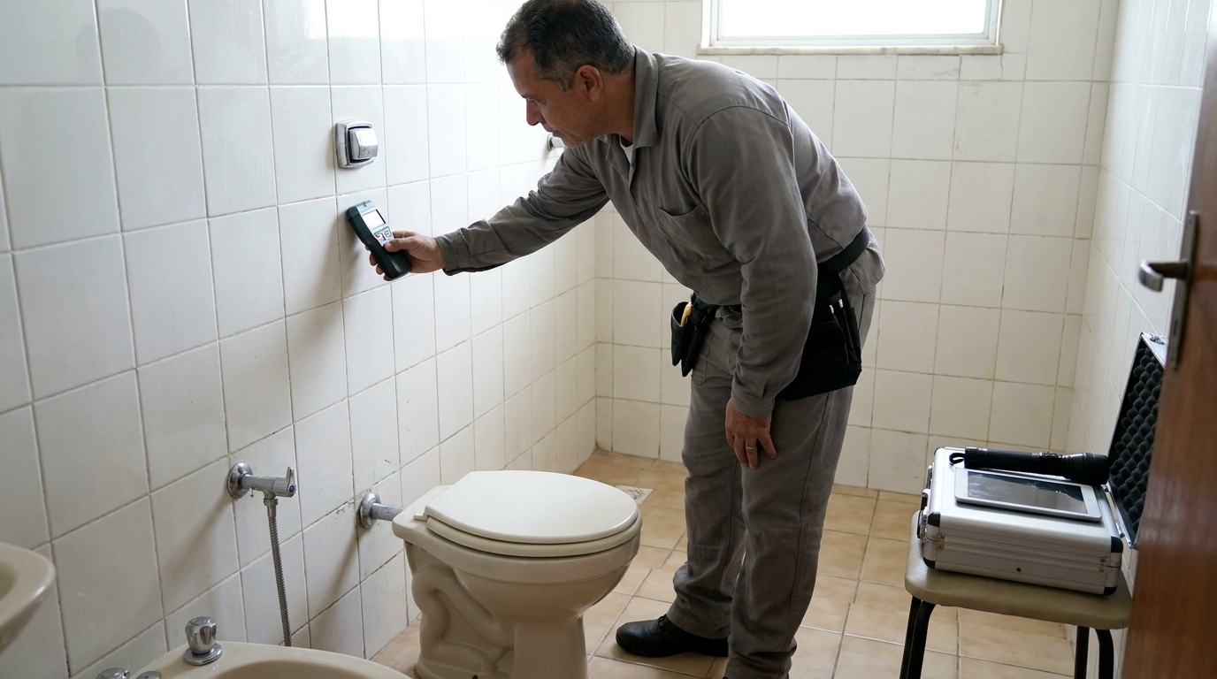 Técnico de caça vazamento analisando tubulação em Brasília‑DF